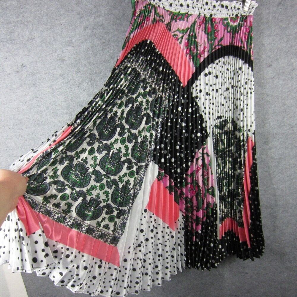 Delfi Skirt Womens Medium Pink Black White Polka Dot Floral Pleated A-Line Maxi